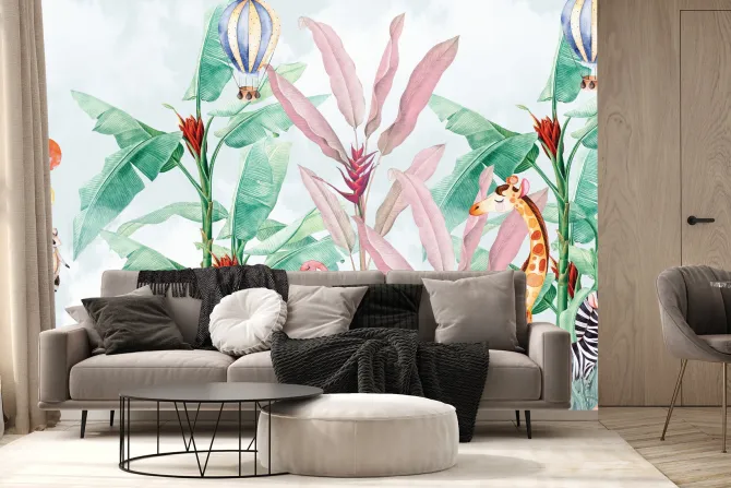 Fototapeta: Balony i zwierzątka z dżungli w akwarelowym stylu