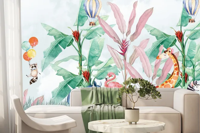 Fototapeta: Balony i zwierzątka z dżungli w akwarelowym stylu
