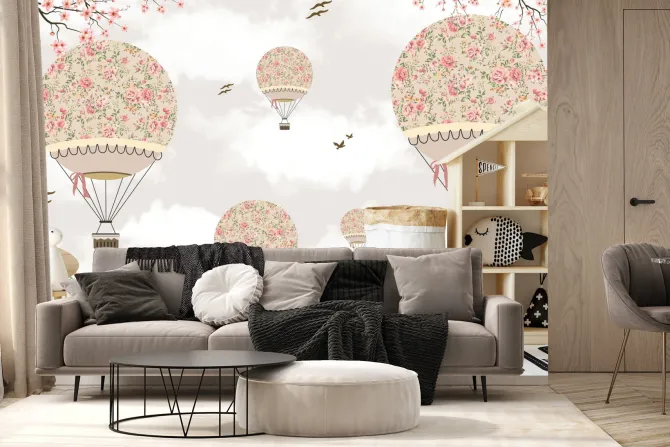 Fototapeta: Balony wśród kwiatów sakury i delikatnych gałęzi