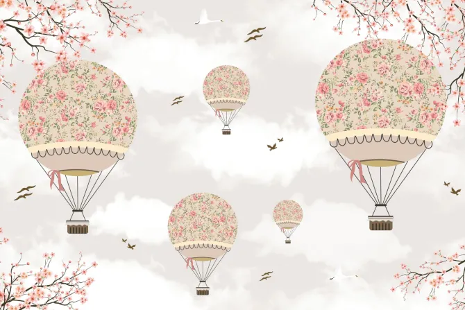 Fototapeta: Balony wśród kwiatów sakury i delikatnych gałęzi