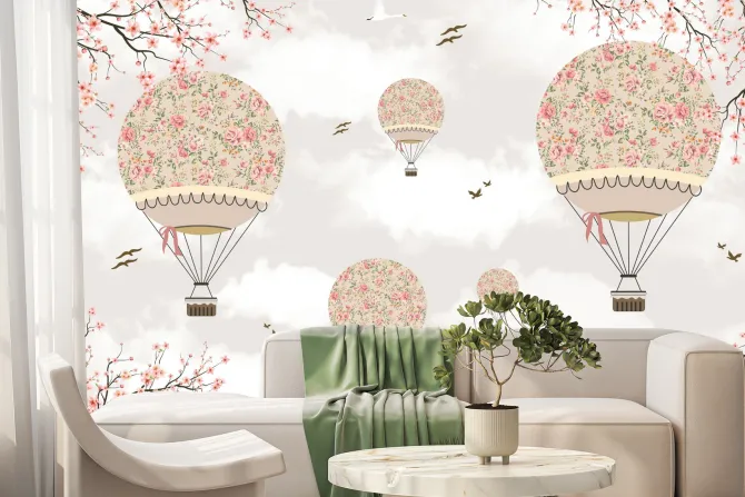 Fototapeta: Balony wśród kwiatów sakury i delikatnych gałęzi