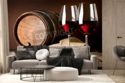 Fototapeta: Barrel i kieliszki czerwonego wina na drewnianym stole