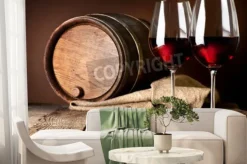 Fototapeta: Barrel i kieliszki czerwonego wina na drewnianym stole