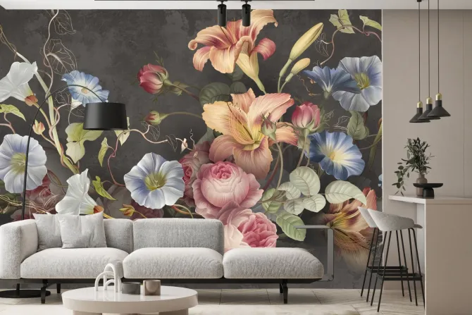 Fototapeta: Barwne kwiaty na ciemnym tle z teksturą