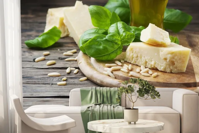 Fototapeta: Bazylia, ser, sosny i oliwa z oliwek na drewnianym stole