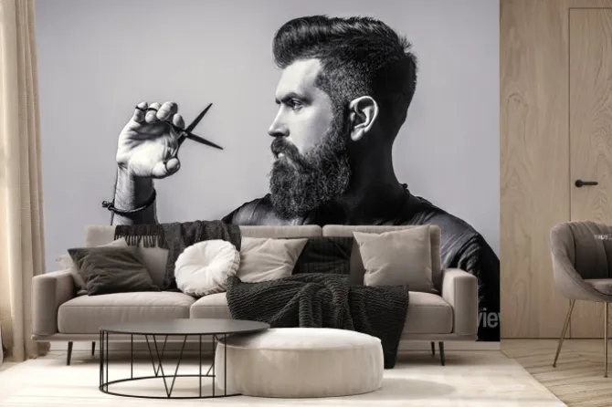 Fototapeta: Bearded man isolated on gray background. mans haircut in barber