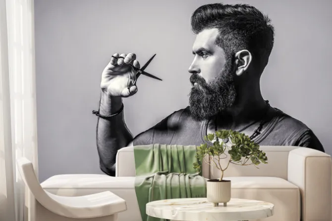 Fototapeta: Bearded man isolated on gray background. mans haircut in barber