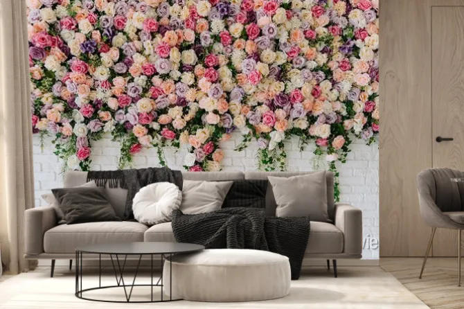 Fototapeta: Beautiful decorative colorful roses on brick wall. wedding party