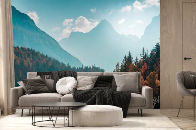 Fototapeta: Beautiful mountain landscape with autumn forest. alpine scenery