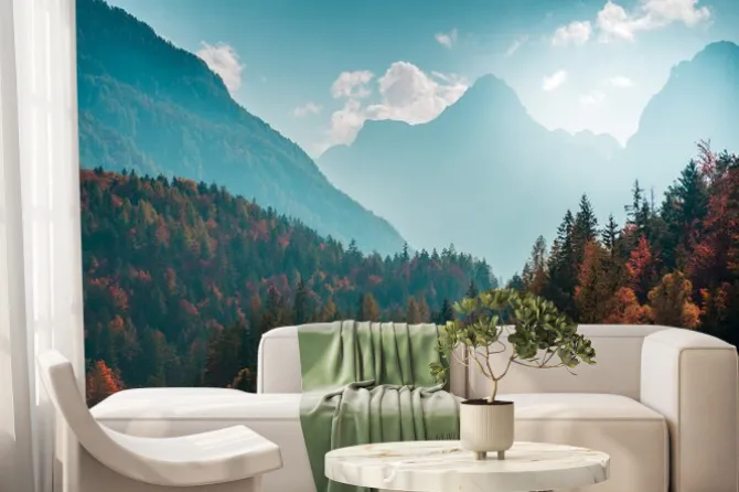 Fototapeta: Beautiful mountain landscape with autumn forest. alpine scenery