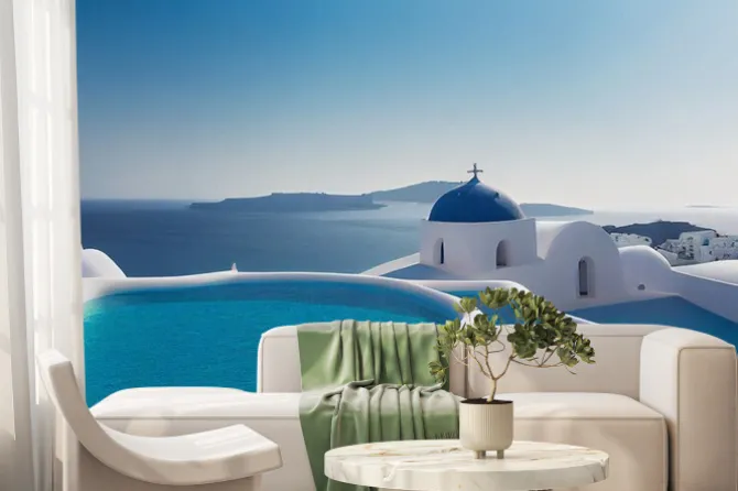 Fototapeta: Beautiful santorini greece panoramic background, travel holliday