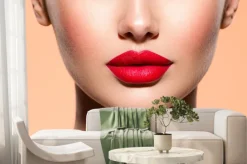 Fototapeta: Beautiful white girl with a red lipstick on lips. stunning brunette