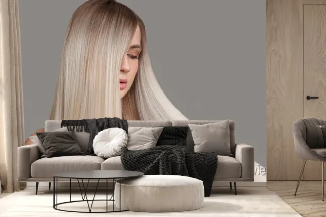 Fototapeta: Beautiful young blonde with straight shiny hair. portrait on