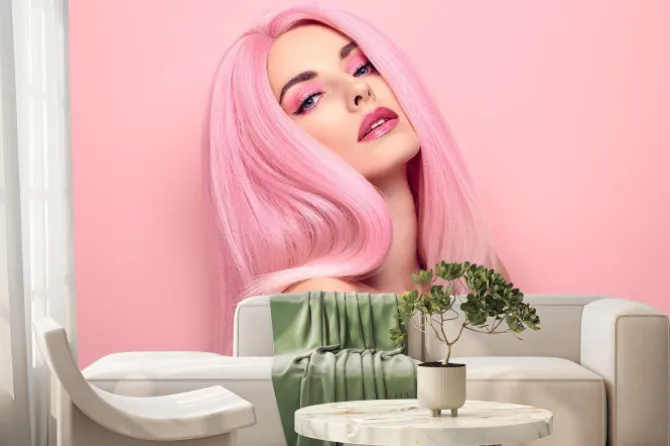 Fototapeta: Beauty fashion woman with colorful pink dyed hair. girl with