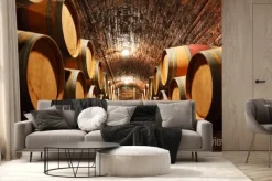 Fototapeta: Beczki dębowe w piwnicy o ceglanym sklepieniu