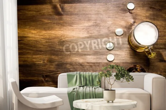 Fototapeta: Beera style- butelka, piwo w szkle i obejmuje na drewnianym stole.