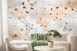 Fototapeta: Beżowa mapa świata ze zwierzątkami