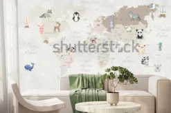 Fototapeta: Beżowa mapa świata ze zwierzątkami