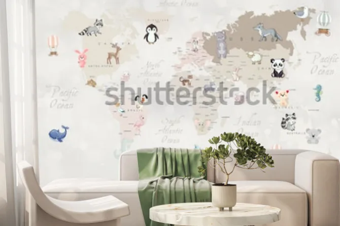 Fototapeta: Beżowa mapa świata ze zwierzątkami