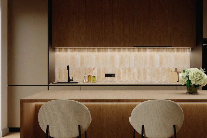 Fototapeta: Beżowe płytki ścienne w kształcie łuków