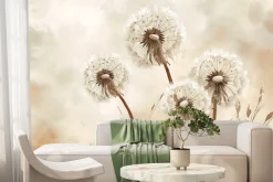 Fototapeta: Beżowy abstrakcyjny motyw kwiatów mniszka lekarskiego na akwarelowym