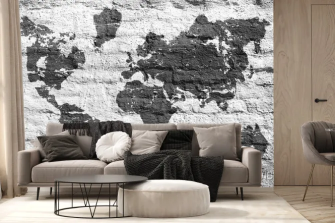 Fototapeta: Białe ściany i mapa obraz świata