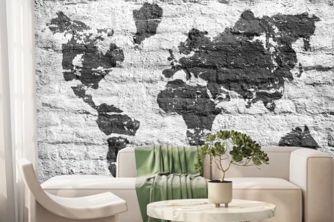 Fototapeta: Białe ściany i mapa obraz świata