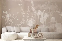 Fototapeta: Białe dmuchawce i kwiaty polne na beżowym tle botaniczny delikatny