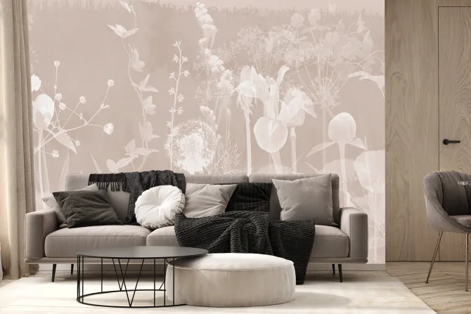 Fototapeta: Białe dmuchawce i kwiaty polne na beżowym tle botaniczny delikatny