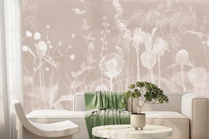 Fototapeta: Białe dmuchawce i kwiaty polne na beżowym tle botaniczny delikatny