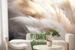 Fototapeta: Białe i złote puszyste ptasie pióra