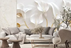 Fototapeta: Białe kalie kwiaty i złote liście w stylu glamour