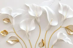 Fototapeta: Białe kalie kwiaty i złote liście w stylu glamour