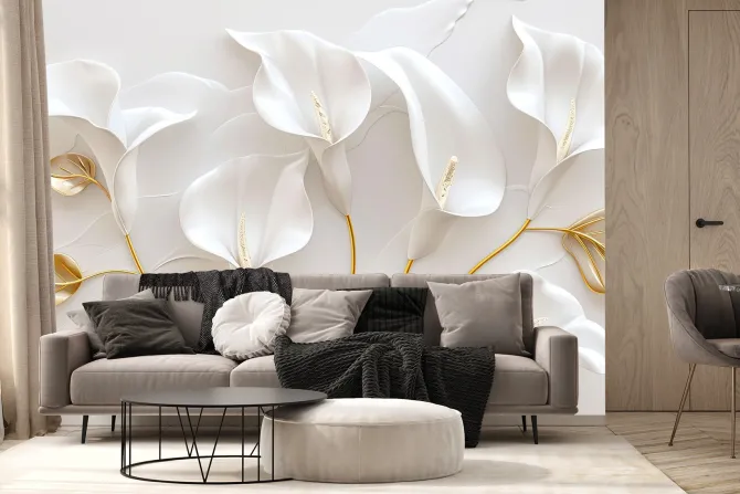 Fototapeta: Białe kalie kwiaty i złote liście w stylu glamour