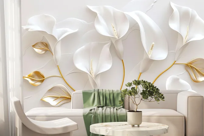 Fototapeta: Białe kalie kwiaty i złote liście w stylu glamour