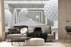 Fototapeta: Białe kule 3d w surowym betonowym tunelu