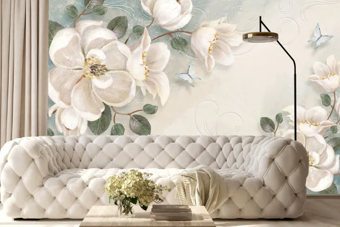 Fototapeta: Białe kwiaty i niebieskie motyle wśród ornamentów