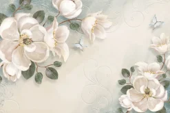 Fototapeta: Białe kwiaty i niebieskie motyle wśród ornamentów