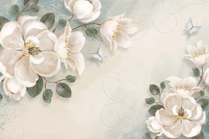 Fototapeta: Białe kwiaty i niebieskie motyle wśród ornamentów