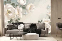 Fototapeta: Białe kwiaty i niebieskie motyle wśród ornamentów