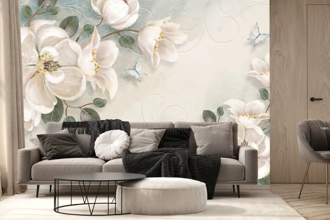 Fototapeta: Białe kwiaty i niebieskie motyle wśród ornamentów