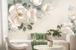 Fototapeta: Białe kwiaty i niebieskie motyle wśród ornamentów