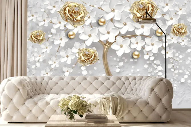 Fototapeta: Białe kwiaty i złotawe róże w stylu biżuterii
