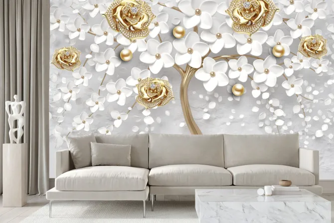Fototapeta: Białe kwiaty i złotawe róże w stylu biżuterii