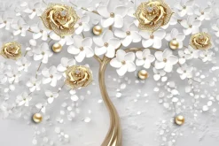 Fototapeta: Białe kwiaty i złotawe róże w stylu biżuterii