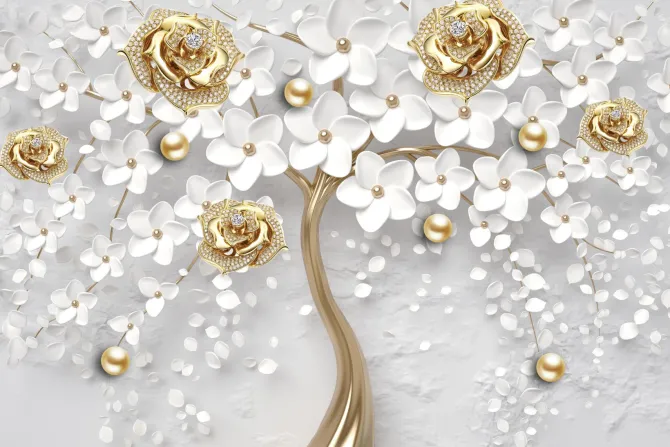 Fototapeta: Białe kwiaty i złotawe róże w stylu biżuterii