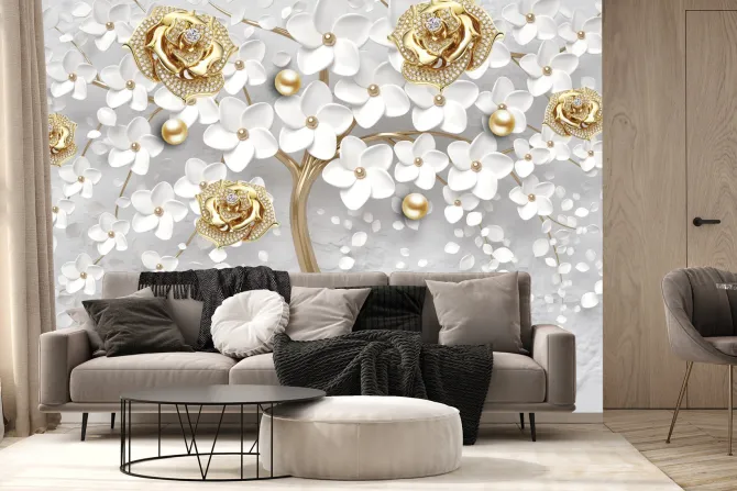 Fototapeta: Białe kwiaty i złotawe róże w stylu biżuterii