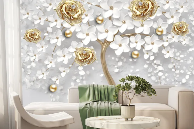 Fototapeta: Białe kwiaty i złotawe róże w stylu biżuterii