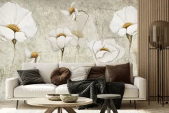 Fototapeta: Białe kwiaty na tle betonu wzór w stylu industrialnym