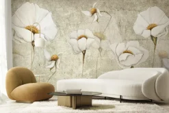 Fototapeta: Białe kwiaty szkic na betonowym tle nowoczesna dekoracja